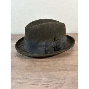 Royal Stetson Vintage Green Felt Fedora Hat Black Ribbon With Feather Size 7 3/8